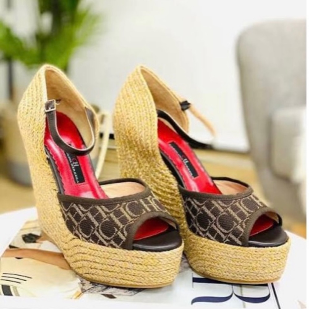CH Carolina Herrera Brown/Gold Logo Canvas Heel Wedges Regular (M